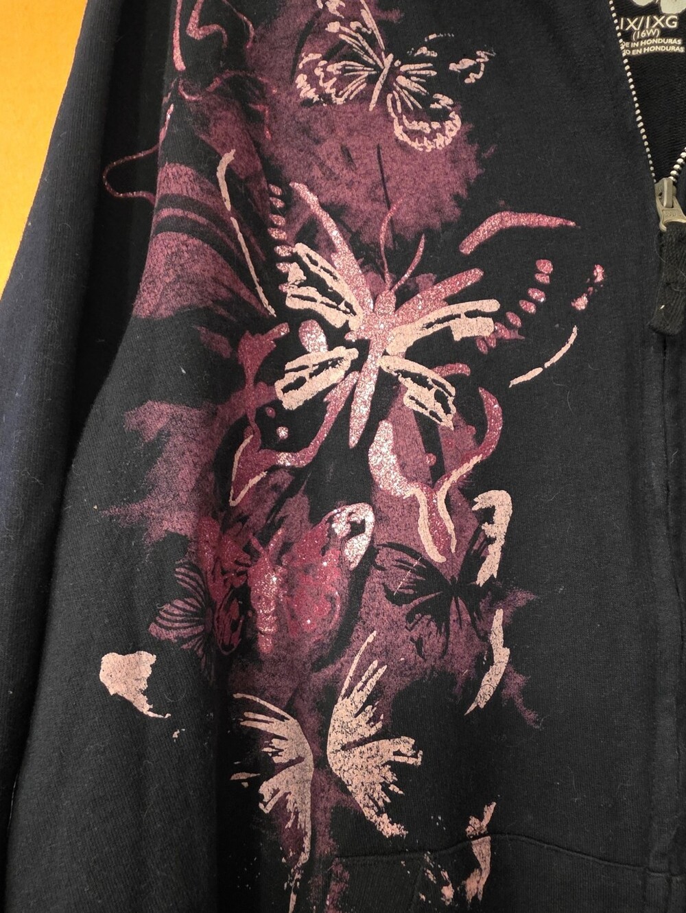 Black Full Zip Hoodie Purple Butterfly Graphic (Size 1X / 16w) - Picture 3 of 5